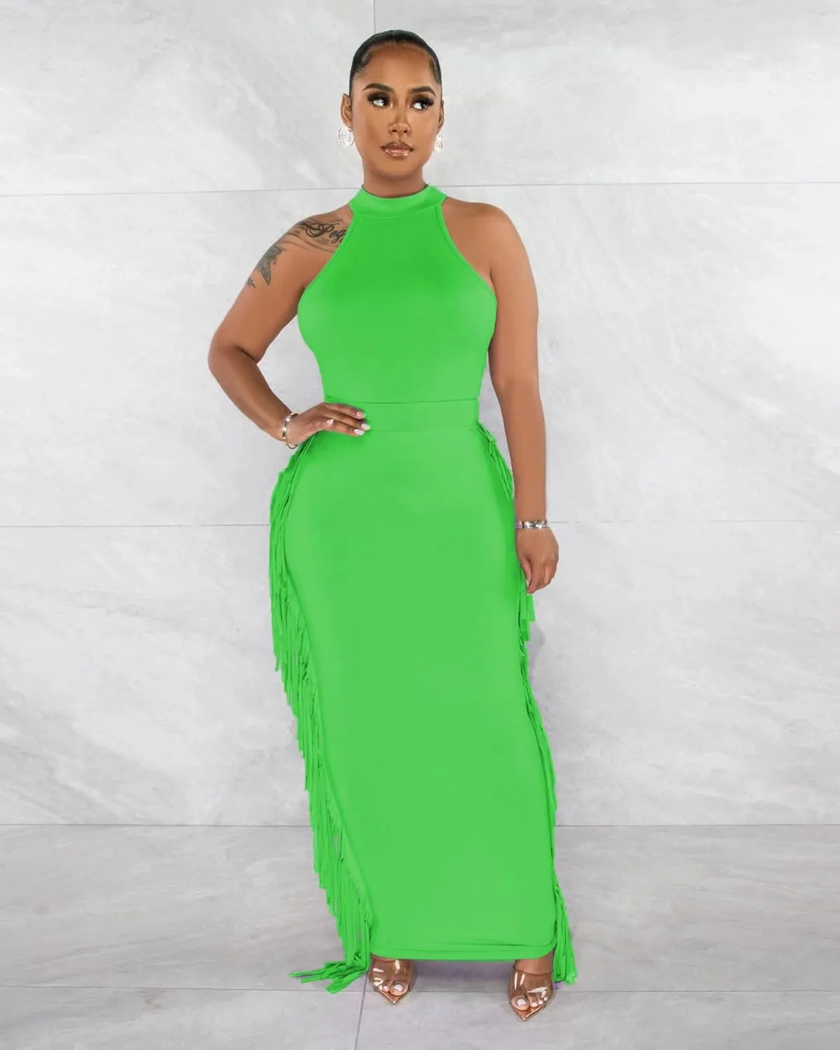 2 Piece Outfits for Women Sexy Crop Top Ruched Bodycon Maxi Dresses Fringe Skirt Sets Night Club Jumpsuits