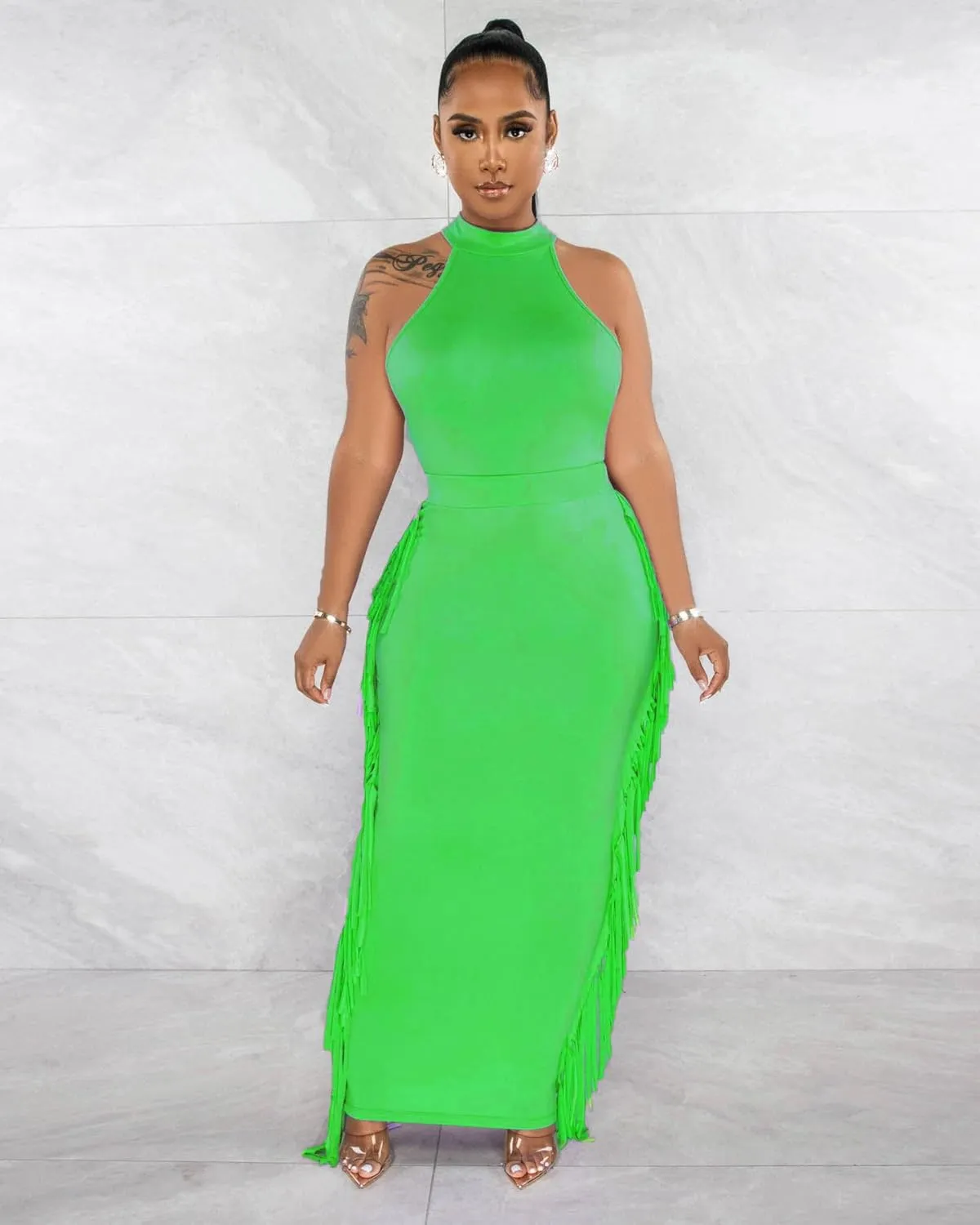 2 Piece Outfits for Women Sexy Crop Top Ruched Bodycon Maxi Dresses Fringe Skirt Sets Night Club Jumpsuits