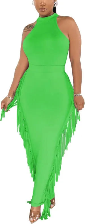 2 Piece Outfits for Women Sexy Crop Top Ruched Bodycon Maxi Dresses Fringe Skirt Sets Night Club Jumpsuits