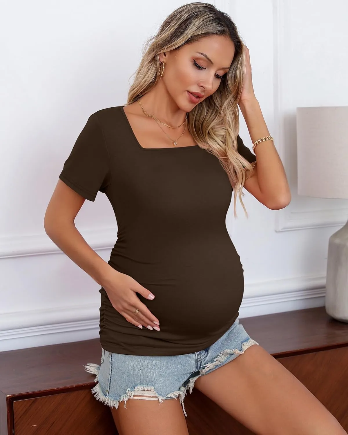 3 Pack Women's Maternity Shirts Square Neck Side Ruched Short Sleeve Maternity Tops Casual Knitted Pregnancy Tees