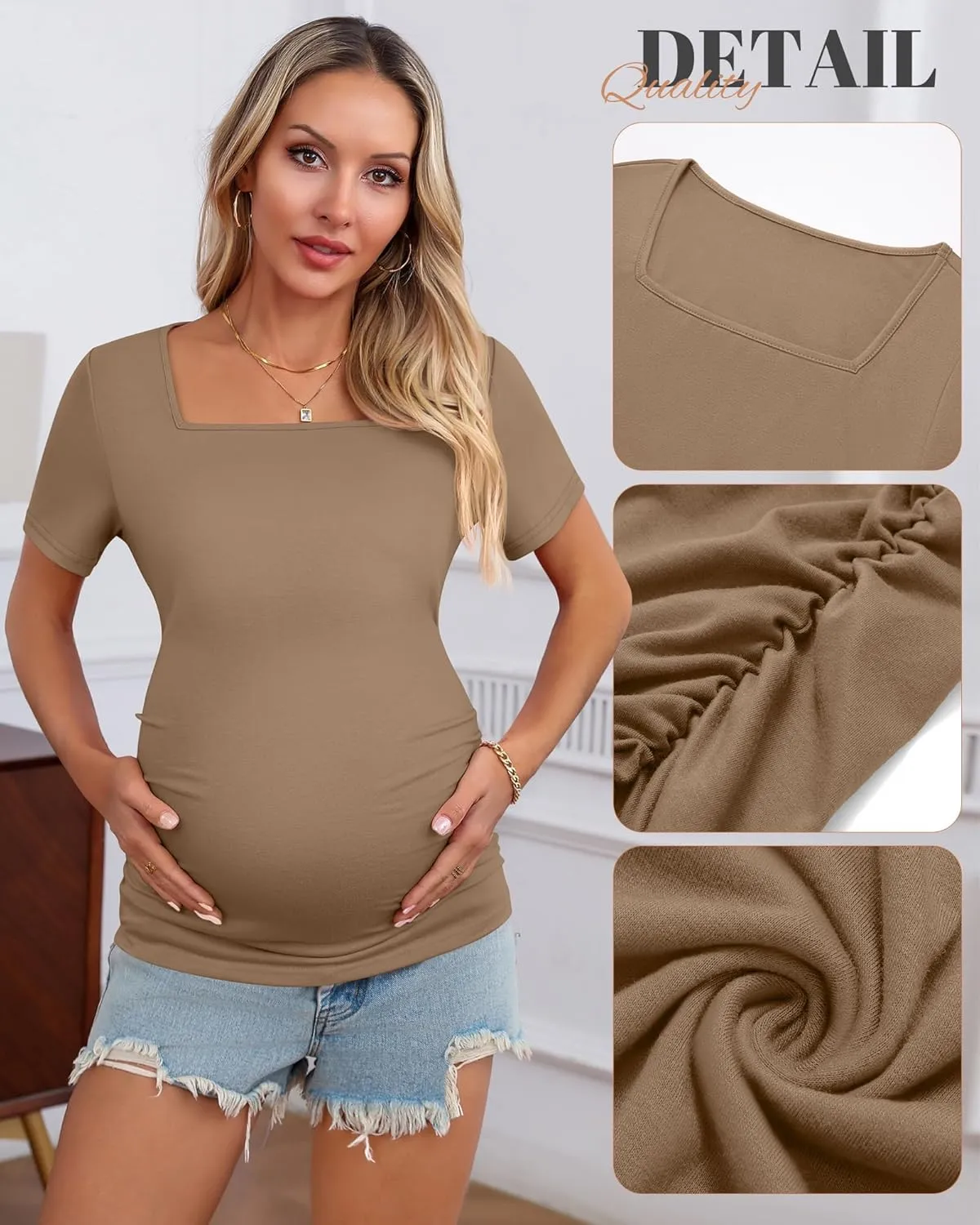 3 Pack Women's Maternity Shirts Square Neck Side Ruched Short Sleeve Maternity Tops Casual Knitted Pregnancy Tees