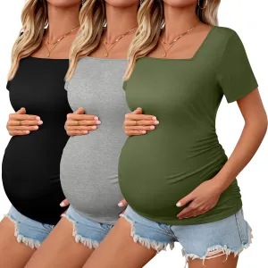 3 Pack Women's Maternity Shirts Square Neck Side Ruched Short Sleeve Maternity Tops Casual Knitted Pregnancy Tees