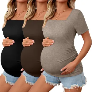 3 Pack Women's Maternity Shirts Square Neck Side Ruched Short Sleeve Maternity Tops Casual Knitted Pregnancy Tees