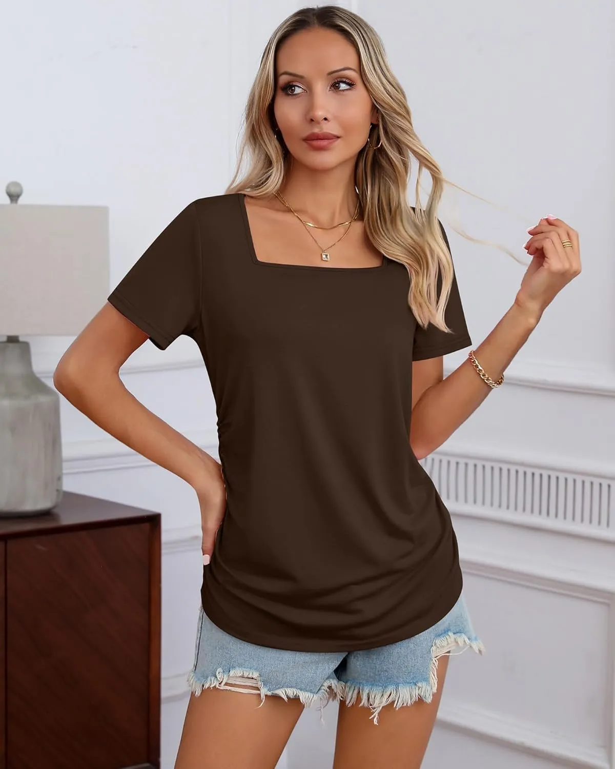 3 Pack Women's Maternity Shirts Square Neck Side Ruched Short Sleeve Maternity Tops Casual Knitted Pregnancy Tees