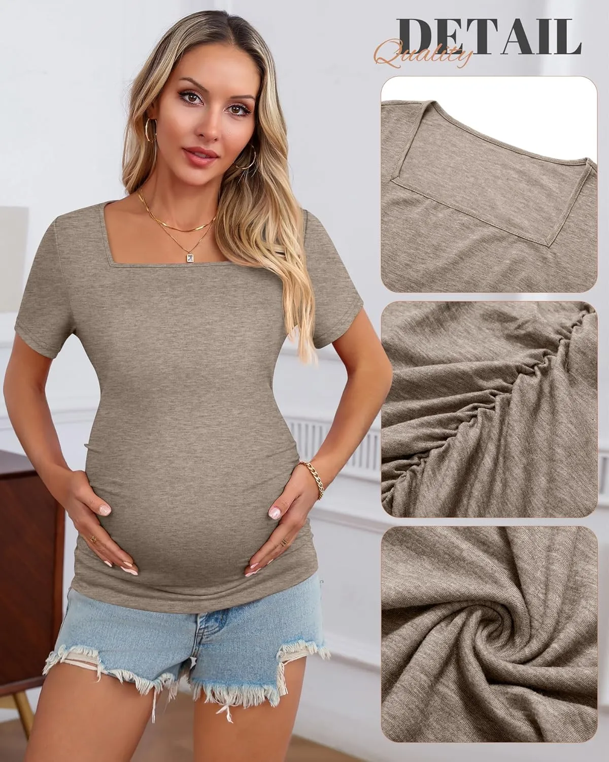 3 Pack Women's Maternity Shirts Square Neck Side Ruched Short Sleeve Maternity Tops Casual Knitted Pregnancy Tees