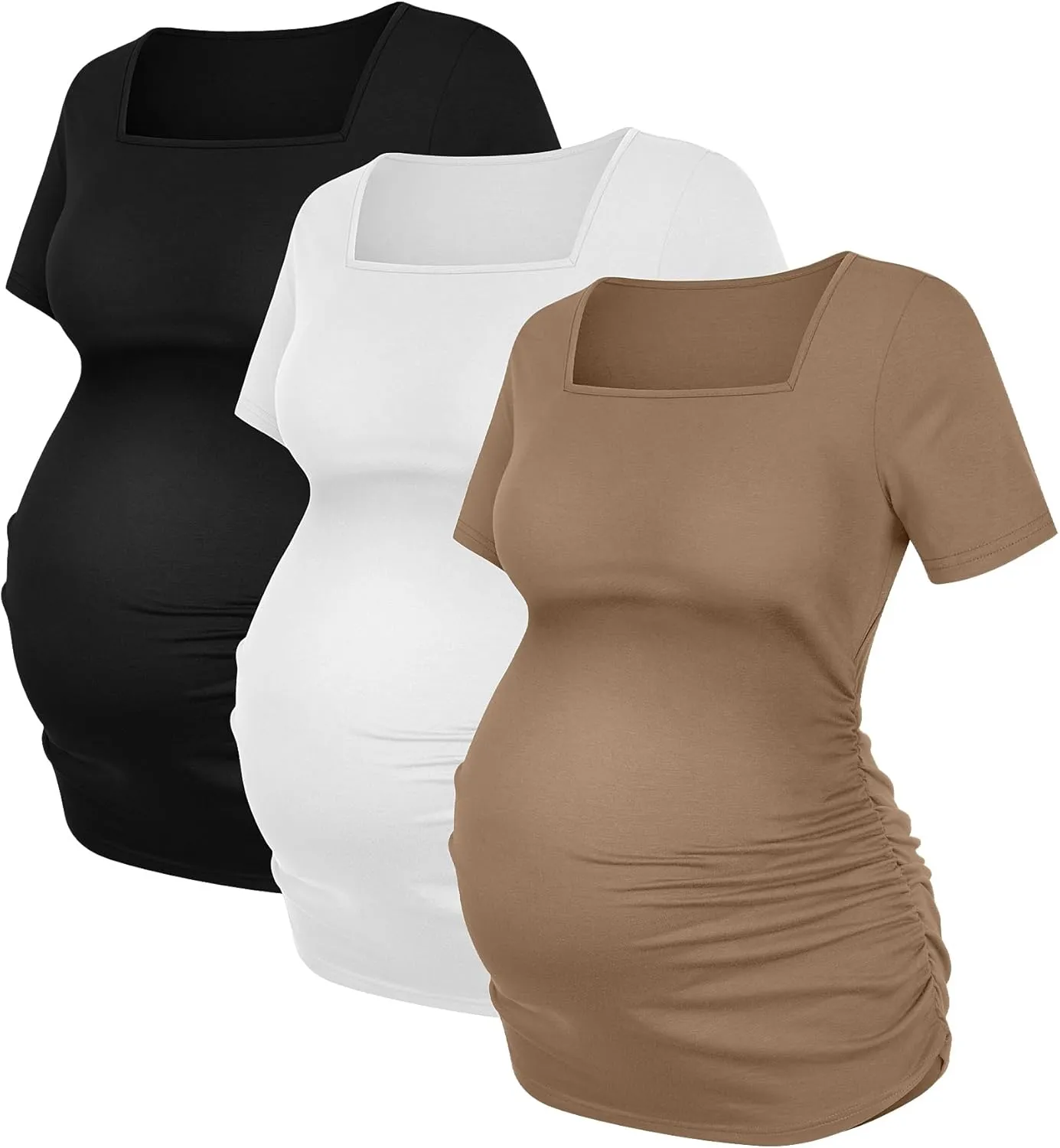 3 Pack Women's Maternity Shirts Square Neck Side Ruched Short Sleeve Maternity Tops Casual Knitted Pregnancy Tees