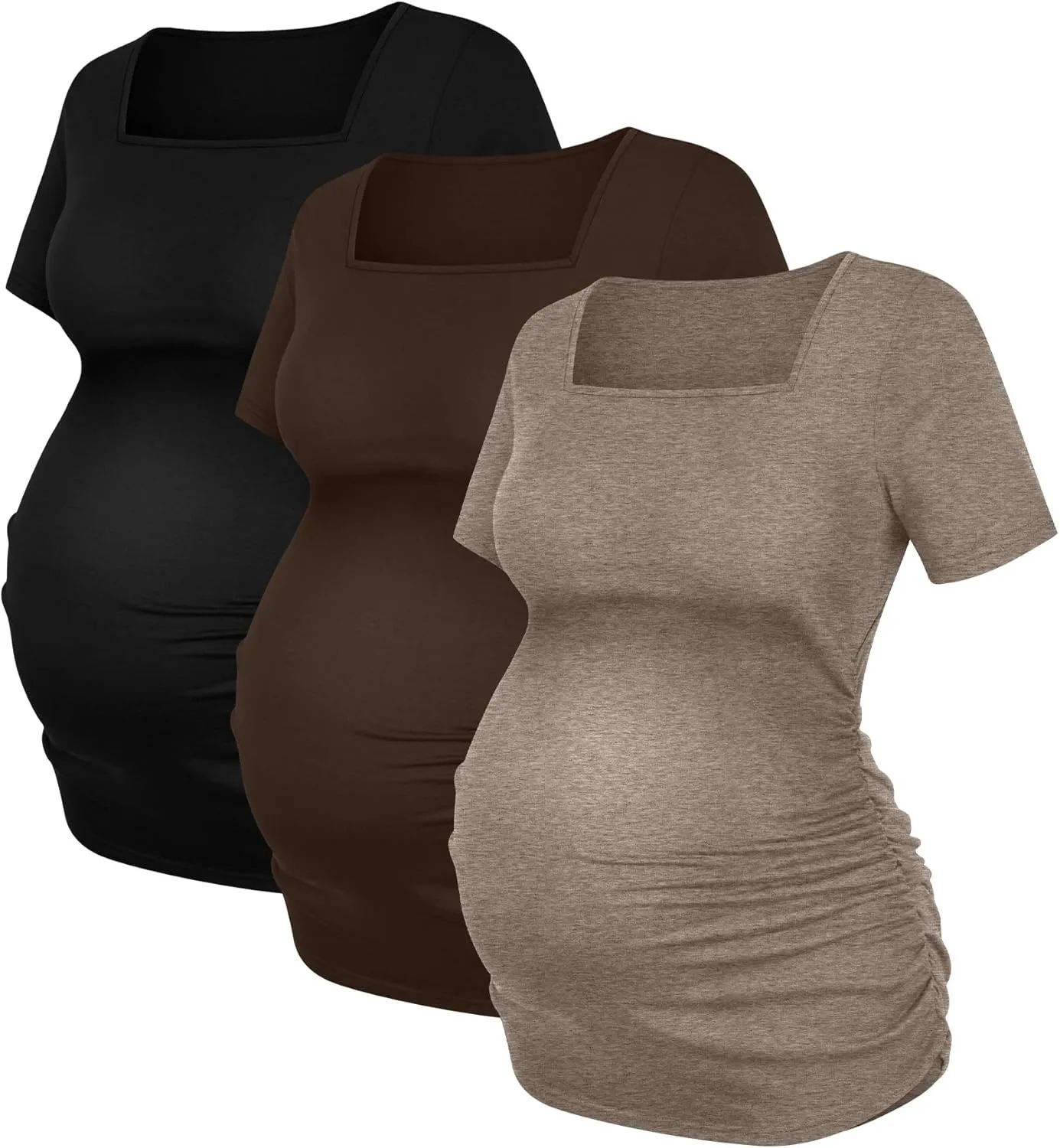 3 Pack Women's Maternity Shirts Square Neck Side Ruched Short Sleeve Maternity Tops Casual Knitted Pregnancy Tees