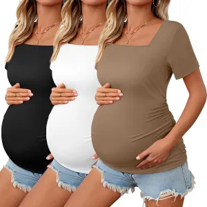 3 Pack Women's Maternity Shirts Square Neck Side Ruched Short Sleeve Maternity Tops Casual Knitted Pregnancy Tees