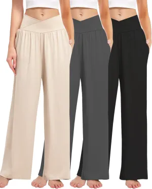 3 Pack Women's Wide Leg Pants Crossover with Pockets High Waist Loose Sweatpants Casual Lounge Yoga Workout Palazzo