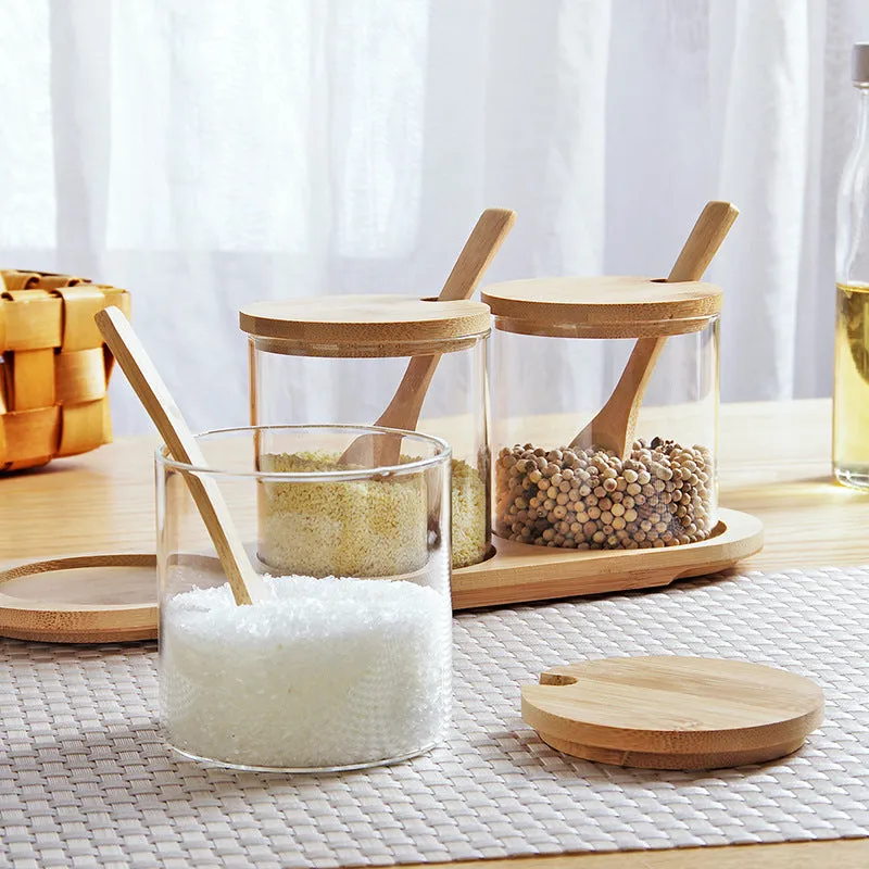 3-Transparent Glass Spice Jar Set With Wooden Lid And Spoon Ym-Ksc02