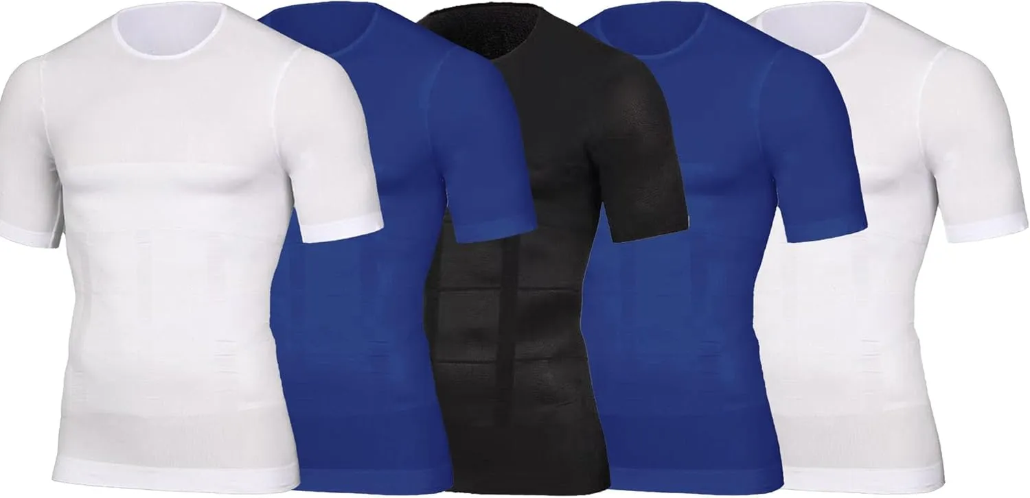 5 Pack Mens Slimming Body Shaper Shirt Compression Shirt Tummy Control Undershirt Short Sleeve Workout Shapewear