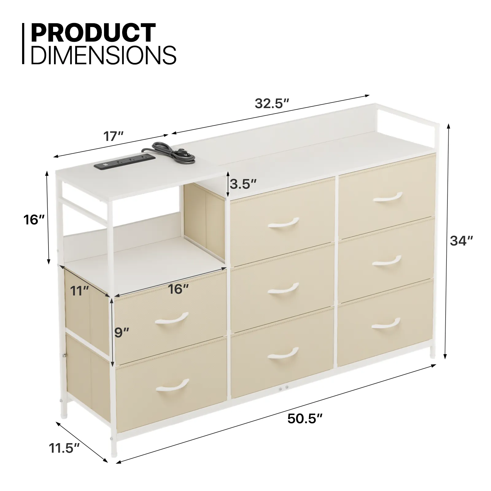 50.5" Height Dresser - 8 Fabric Drawer- Metal Frame - w/Power strip 3 Plug 2 USB Port