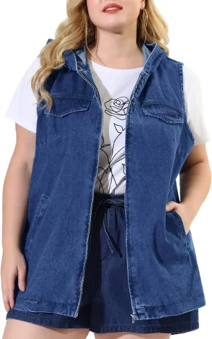 Agnes Orinda Plus Size Denim Vest for Women Sleeveless Lightweight Hoodie Utility 2023 Denim Jacket Vests