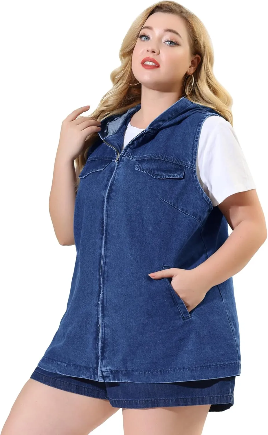 Agnes Orinda Plus Size Denim Vest for Women Sleeveless Lightweight Hoodie Utility 2023 Denim Jacket Vests