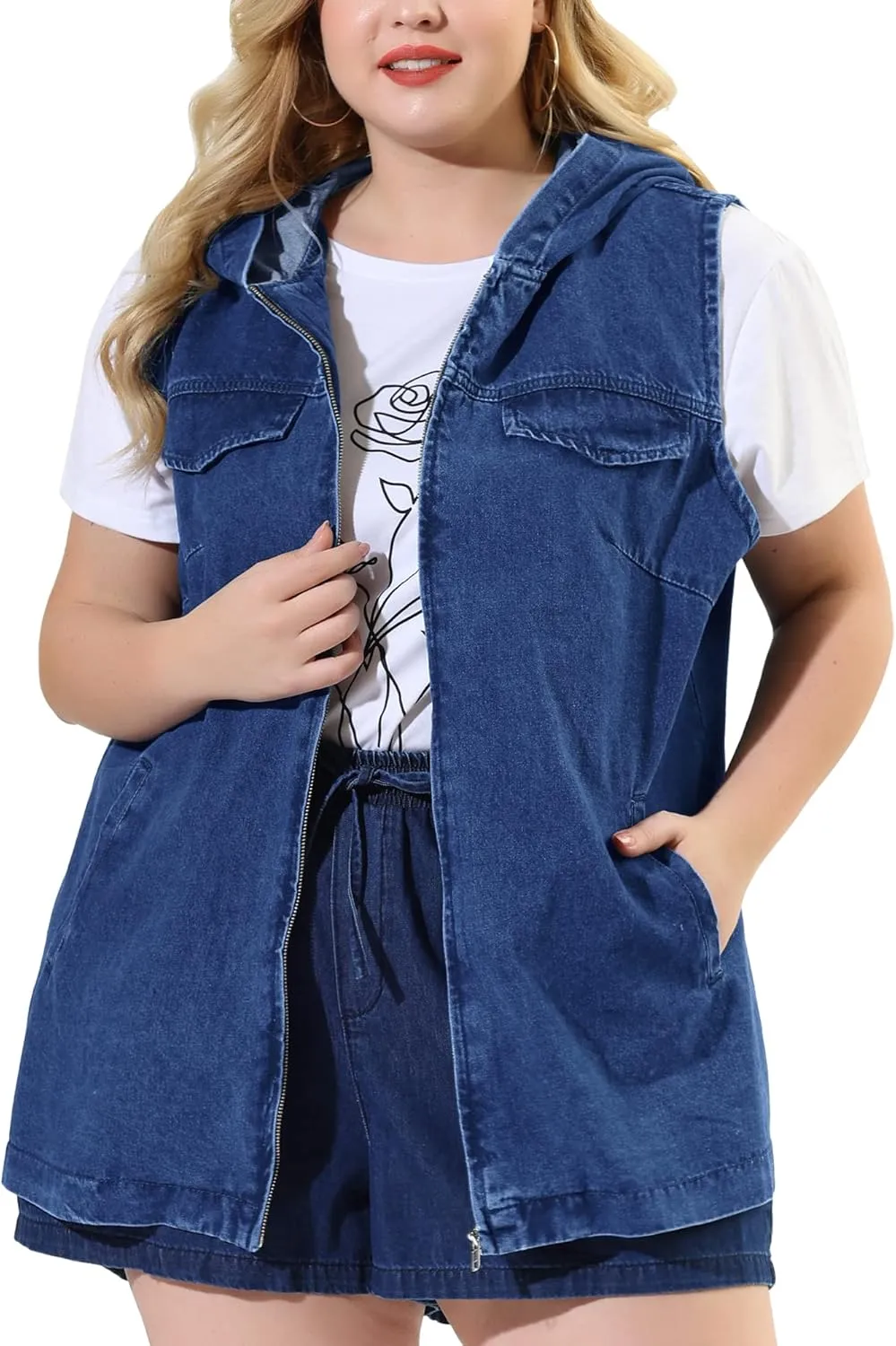 Agnes Orinda Plus Size Denim Vest for Women Sleeveless Lightweight Hoodie Utility 2023 Denim Jacket Vests