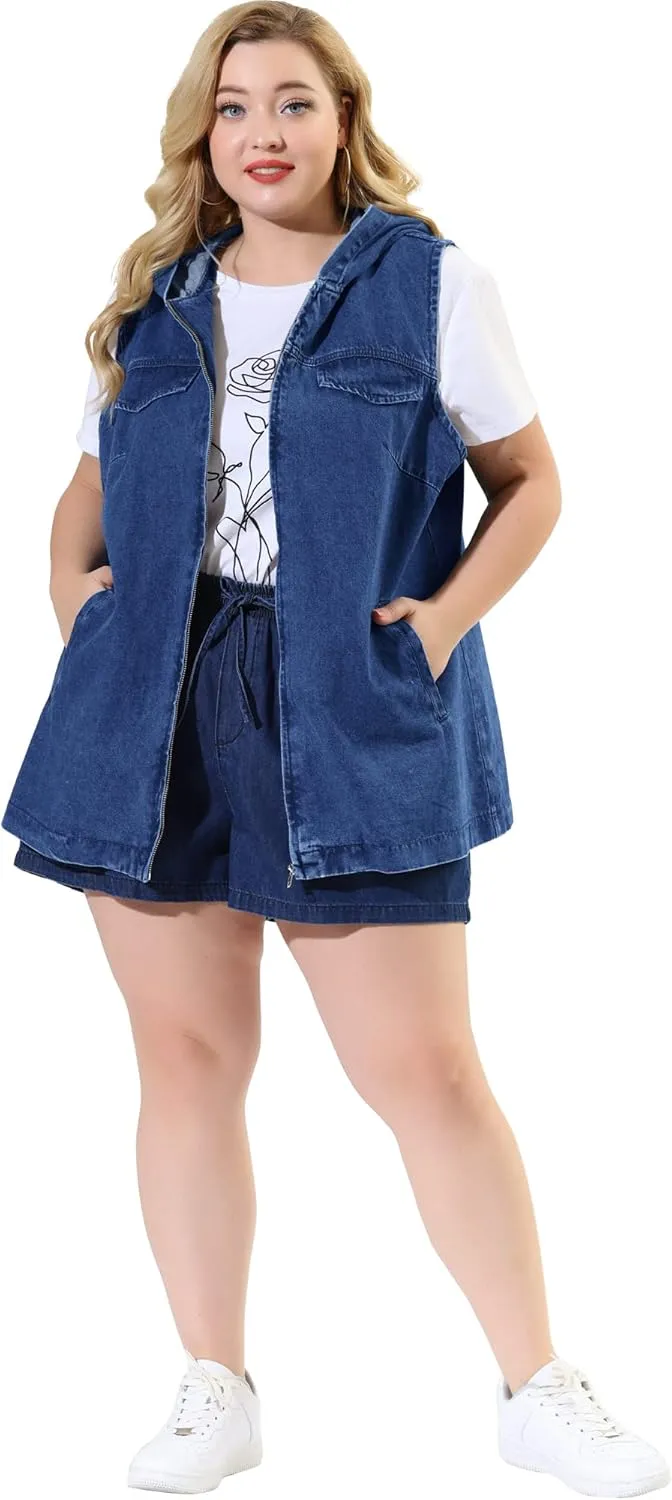 Agnes Orinda Plus Size Denim Vest for Women Sleeveless Lightweight Hoodie Utility 2023 Denim Jacket Vests