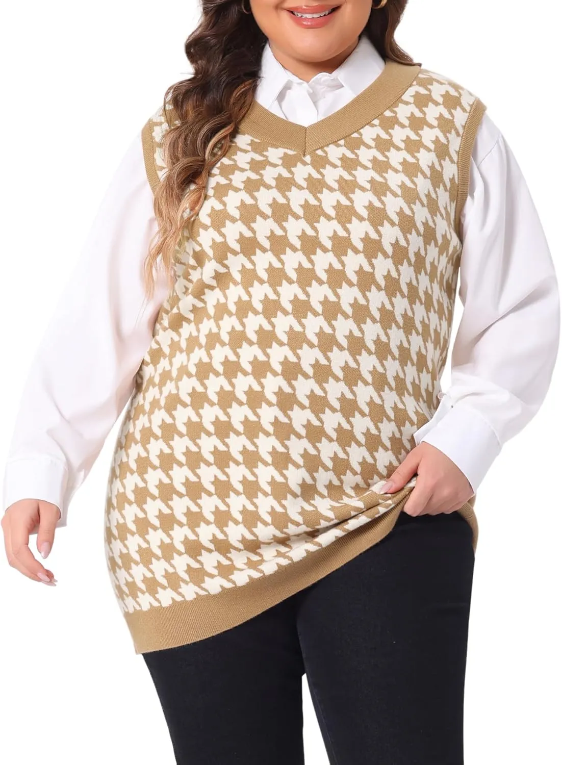 Agnes Orinda Plus Size Sweater Vests for Women V Neck Sleeveless Knit 2024 Oversized Tunic Loose Pullover Top