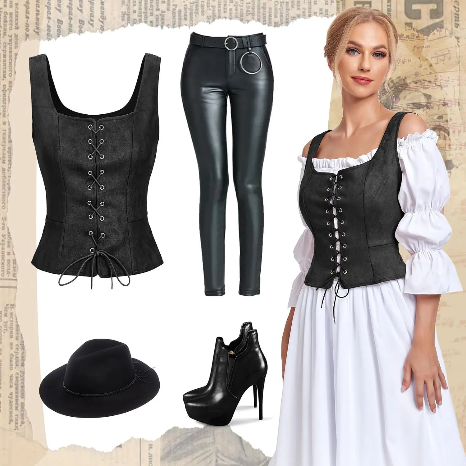 American Trends Women Pirate Renaissance Vest Cosplay Costume Waistcoat Halloween Steampunk Gothic Medieval Bodice