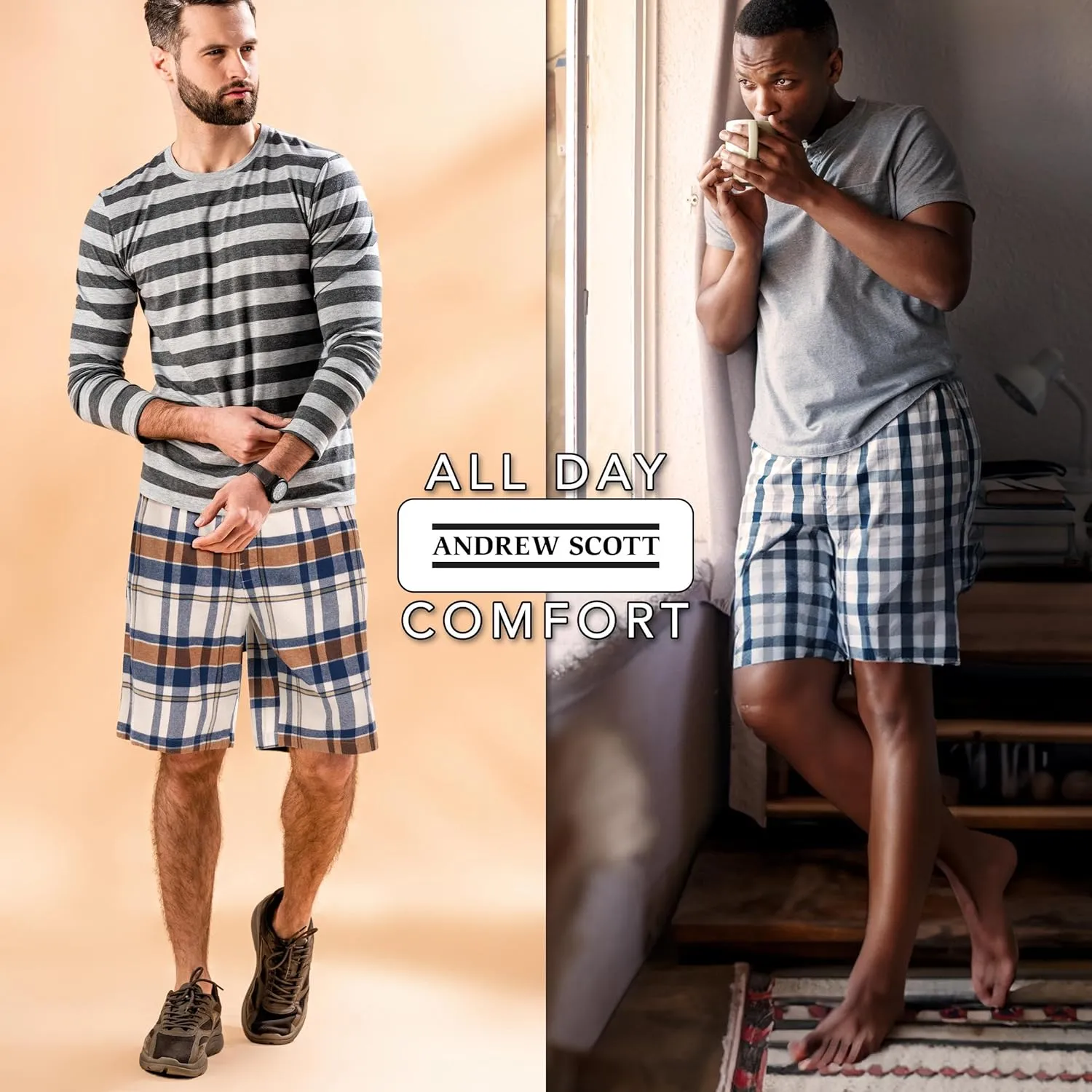 Andrew Scott Men's Cotton Flannel Knee Length Shorts | Drawstring & Pockets Boxer Sleep Shorts | Multi Packs