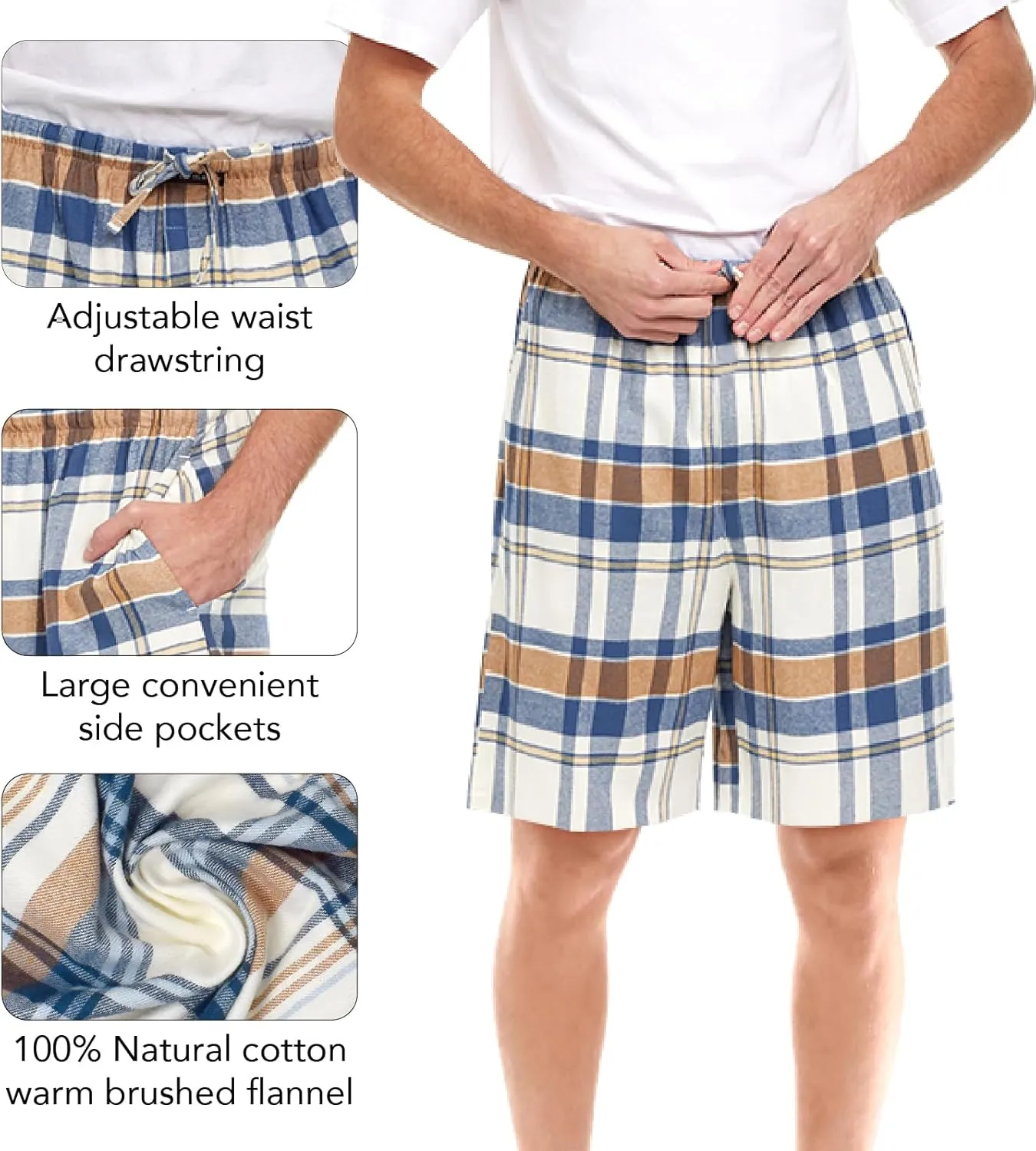 Andrew Scott Men's Cotton Flannel Knee Length Shorts | Drawstring & Pockets Boxer Sleep Shorts | Multi Packs