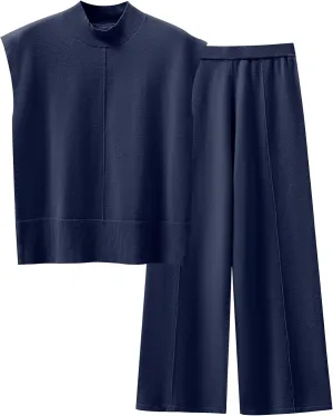 ANRABESS Women 2 Piece Outfits Mock Neck Sweater Vests Wide Leg Pants Lounge Matching Set Summer Vacation Travel Clothing