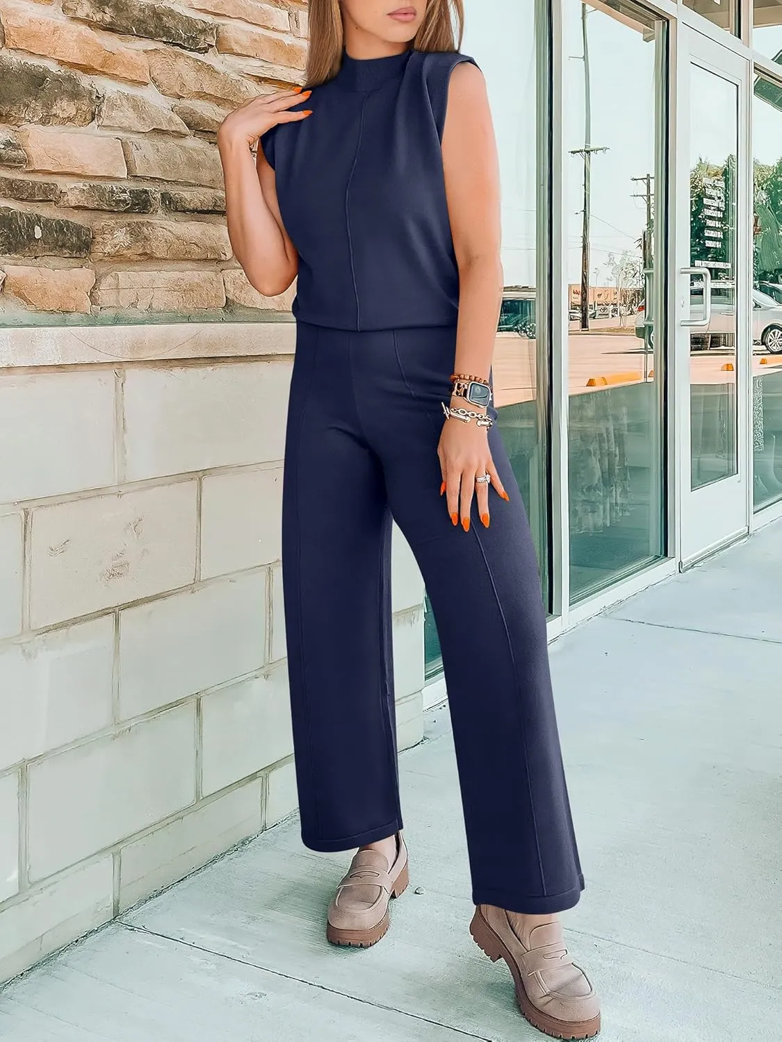 ANRABESS Women 2 Piece Outfits Mock Neck Sweater Vests Wide Leg Pants Lounge Matching Set Summer Vacation Travel Clothing