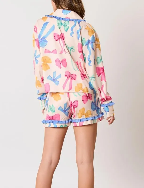 Argeousgor Women 2 Piece Pajamas Set Bow Tie Button Long Sleeve Shirts Ruffle Shorts Cute Pjs Sets Sleepwear