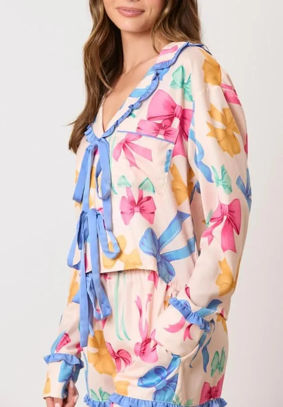 Argeousgor Women 2 Piece Pajamas Set Bow Tie Button Long Sleeve Shirts Ruffle Shorts Cute Pjs Sets Sleepwear