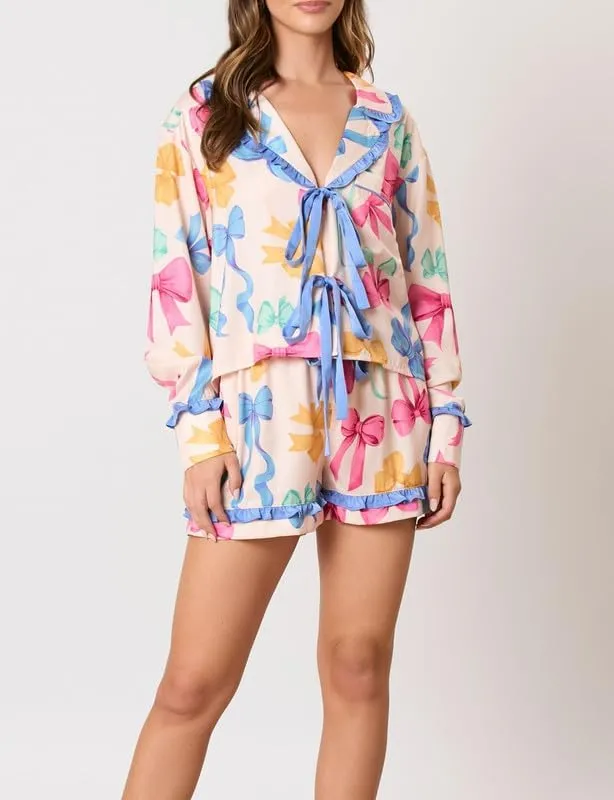 Argeousgor Women 2 Piece Pajamas Set Bow Tie Button Long Sleeve Shirts Ruffle Shorts Cute Pjs Sets Sleepwear