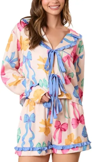 Argeousgor Women 2 Piece Pajamas Set Bow Tie Button Long Sleeve Shirts Ruffle Shorts Cute Pjs Sets Sleepwear