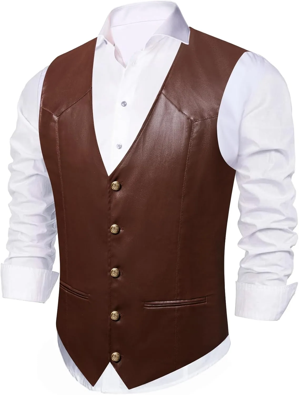 Barry.Wang Mens Leather Suit Vests Casual Western Cowboy Vest V-neck Jacket Lightweight Waistcoat