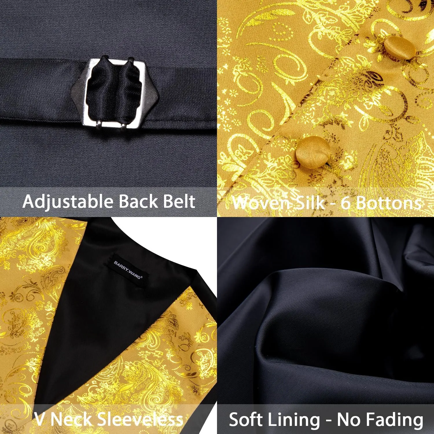 Barry.Wang Mens Shiny Disco Vests Party Nightclub Paisley Metallic Gothic Vest Tie Handkerchief Cufflink Clip Brooch 6PCS