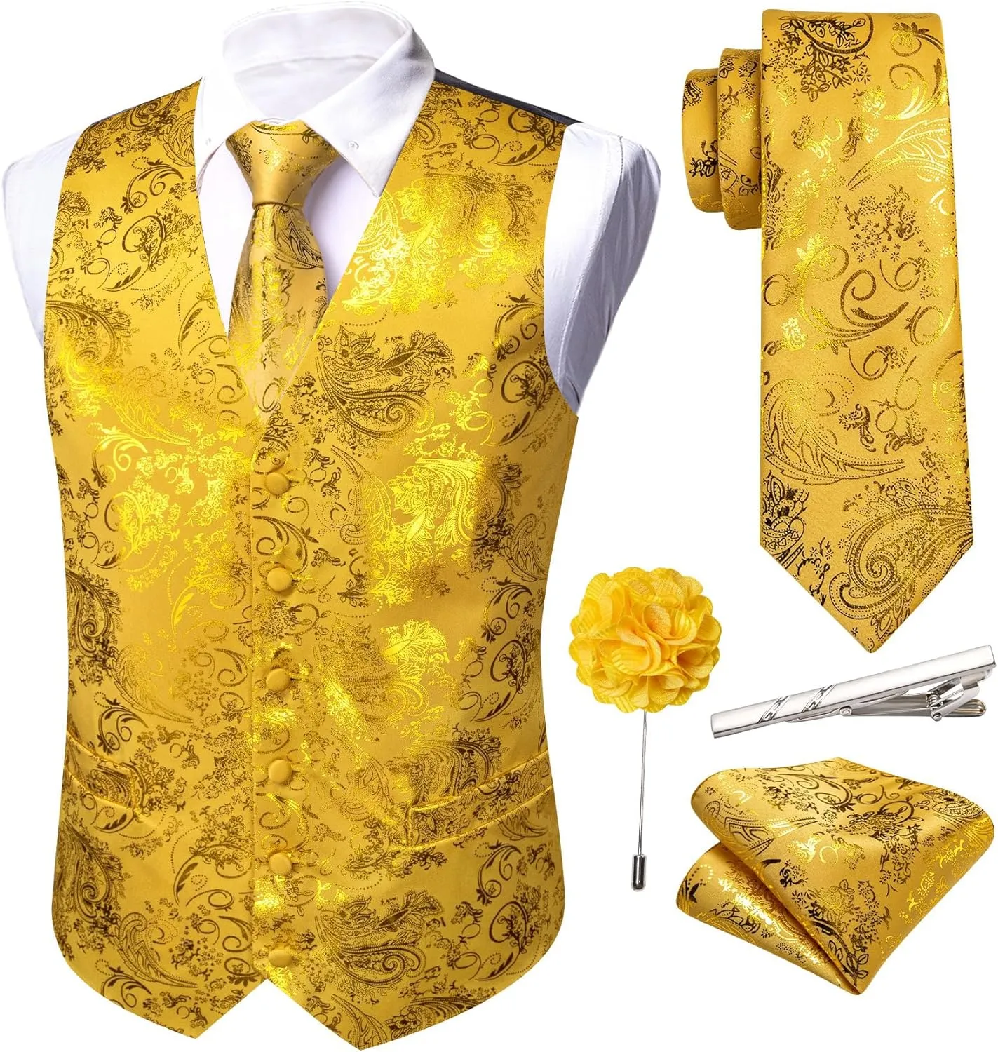 Barry.Wang Mens Shiny Disco Vests Party Nightclub Paisley Metallic Gothic Vest Tie Handkerchief Cufflink Clip Brooch 6PCS