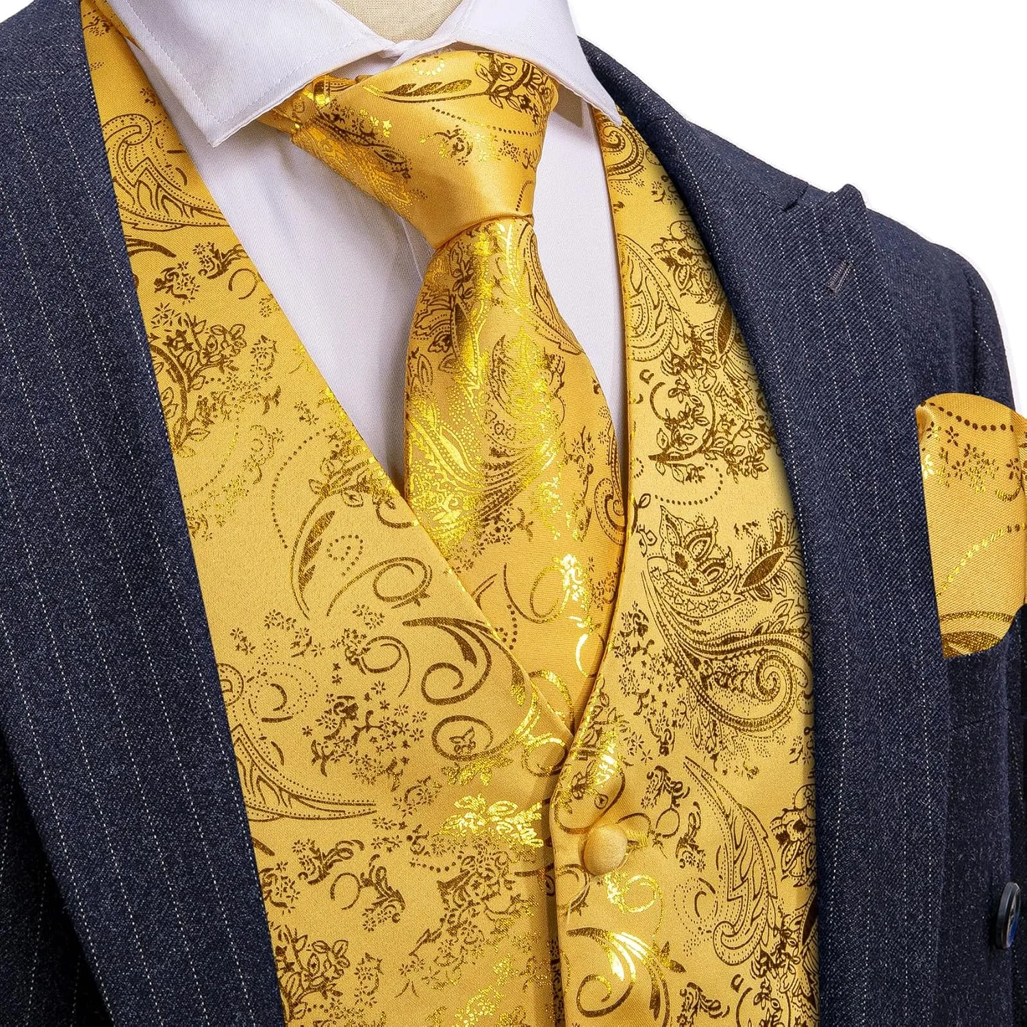 Barry.Wang Mens Shiny Disco Vests Party Nightclub Paisley Metallic Gothic Vest Tie Handkerchief Cufflink Clip Brooch 6PCS