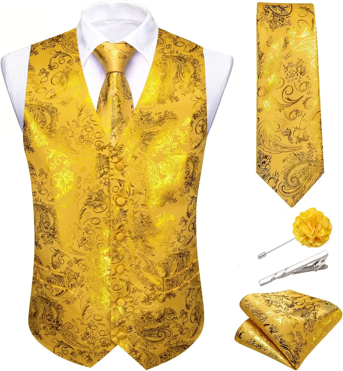 Barry.Wang Mens Shiny Disco Vests Party Nightclub Paisley Metallic Gothic Vest Tie Handkerchief Cufflink Clip Brooch 6PCS