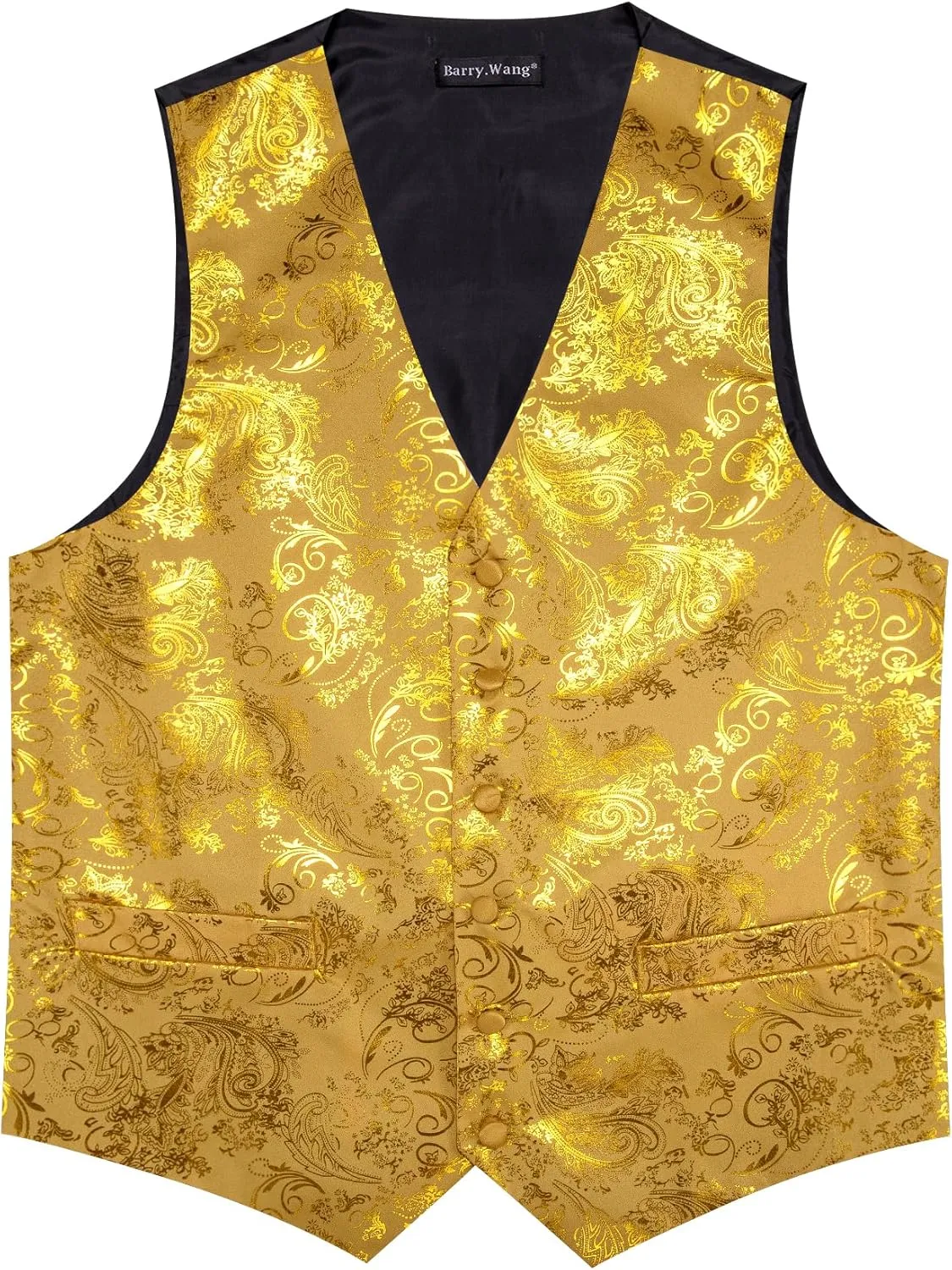 Barry.Wang Mens Shiny Disco Vests Party Nightclub Paisley Metallic Gothic Vest Tie Handkerchief Cufflink Clip Brooch 6PCS