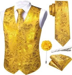 Barry.Wang Mens Shiny Disco Vests Party Nightclub Paisley Metallic Gothic Vest Tie Handkerchief Cufflink Clip Brooch 6PCS