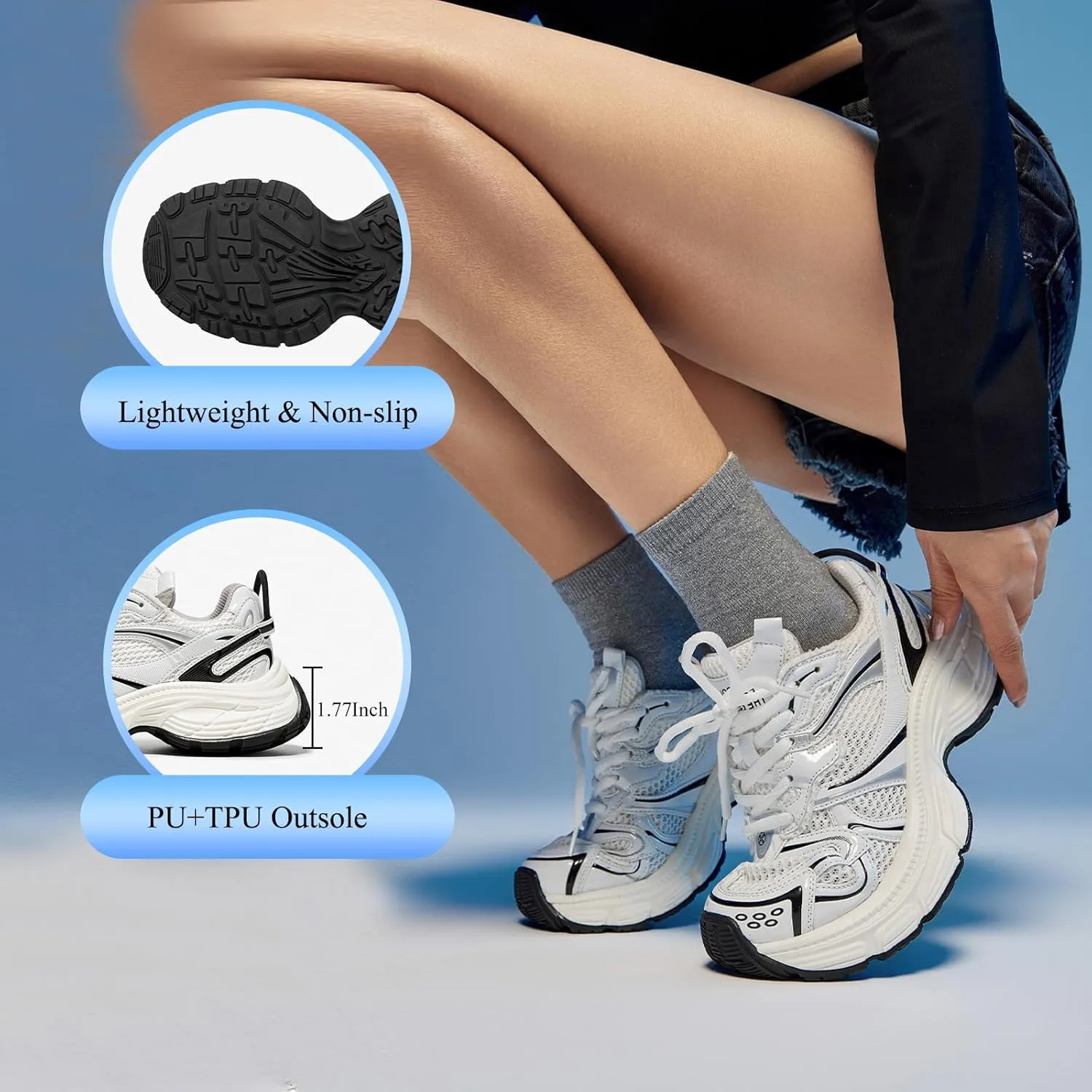 BEAU TODAY Chunky Sneakers for Women, Womens Fashion Sneakers, Lightweight Leather Sneakers for Women, Comfortable Casual Lace-Up Breathable Dad Shoes