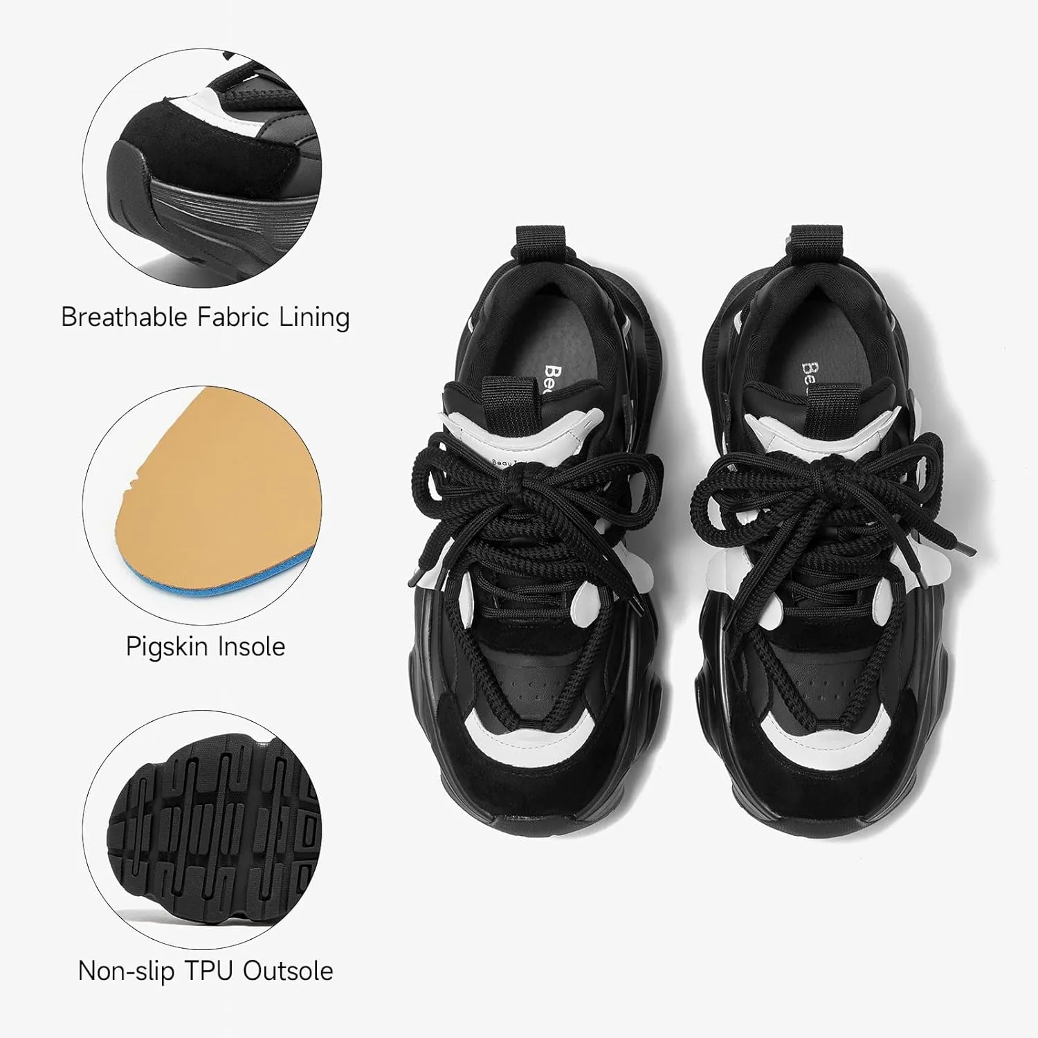 BEAU TODAY Chunky Sneakers for WomenWomens Fashion Sneakers, Lace Up Platform Comfortable Leather Dad Shoes for Women