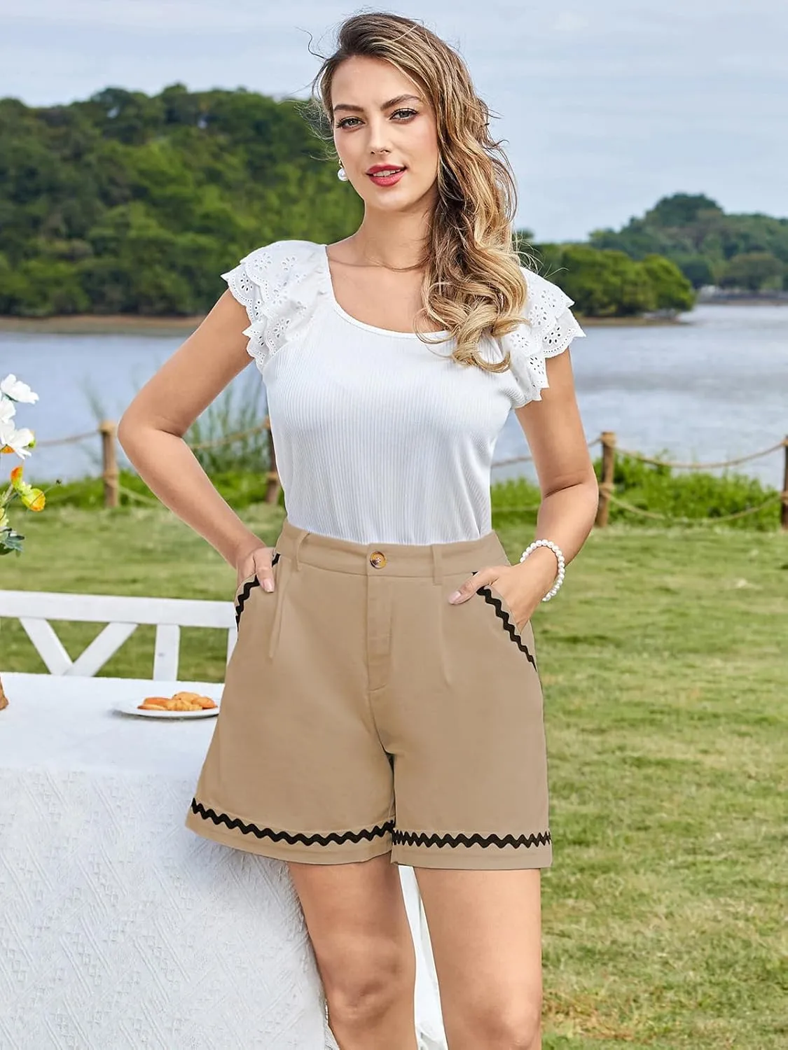Belle Poque Bermuda Shorts for Women Trendy High Waisted Wide Leg Pleated Tailored Workout Dressy Cotton Trouser Shorts