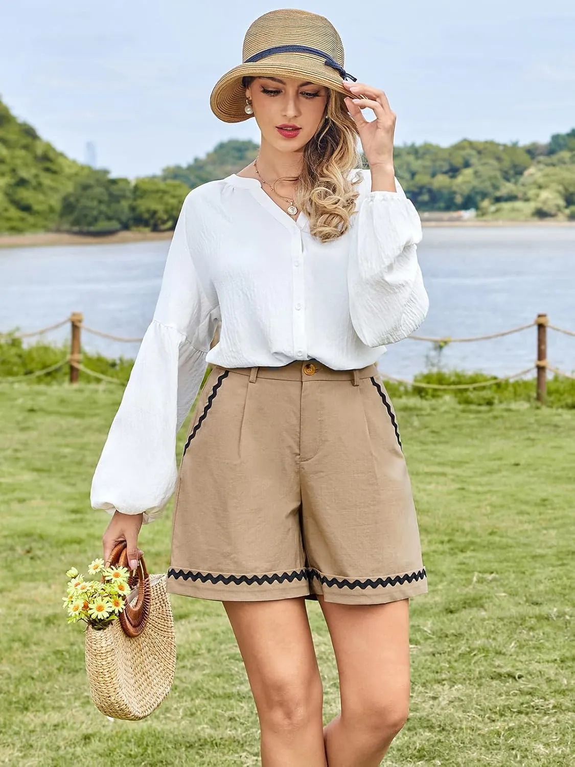 Belle Poque Bermuda Shorts for Women Trendy High Waisted Wide Leg Pleated Tailored Workout Dressy Cotton Trouser Shorts
