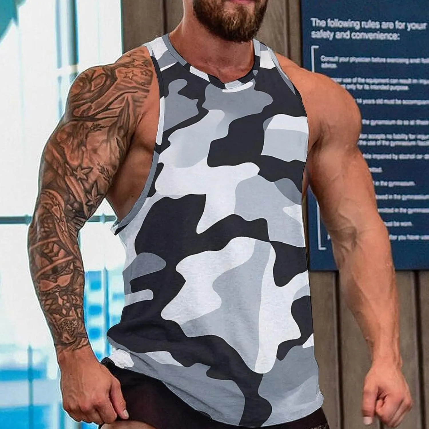 Black Camouflage Men's Activewear Tank Tops Gym Sleeveless Muscle T Shirts Workout Tees Vest