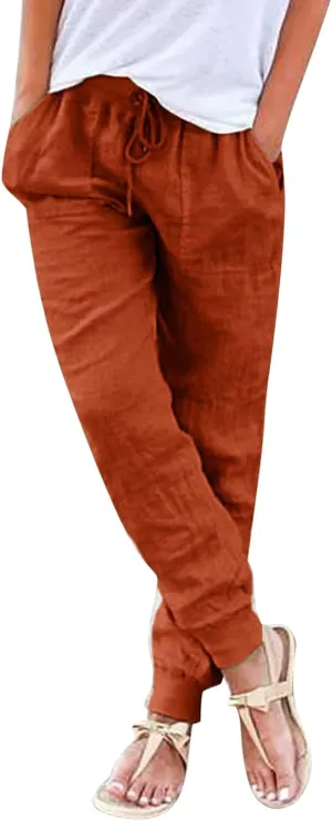 Black Linen Pants Women Tapered Summer Drawstring Elastic Waist High Waisted Lounge Sweatpants Casual Beach Trousers
