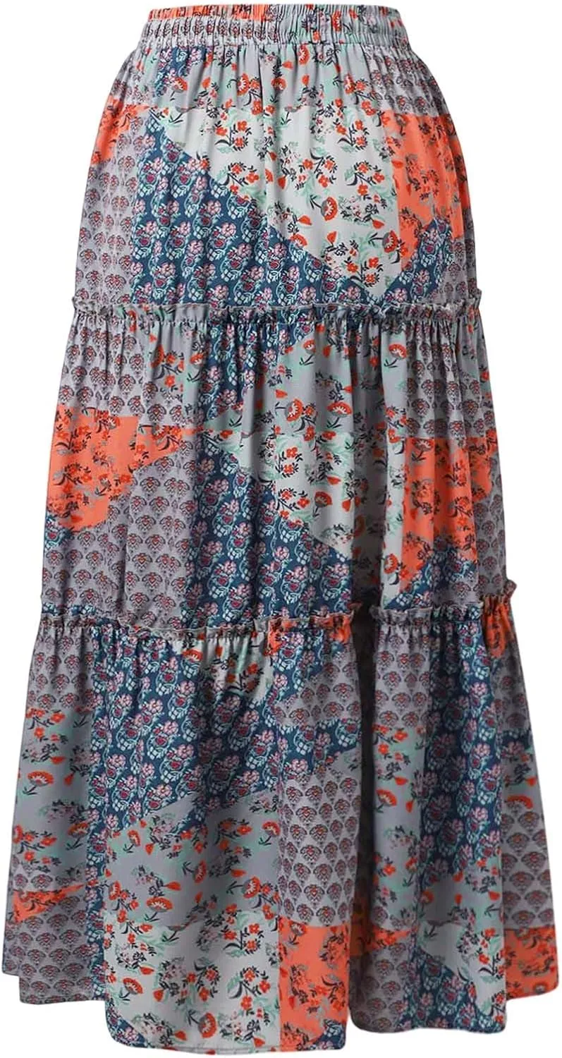 Boho Maxi Skirt for Women Elastic High Waist Tiered Pleated Ruffle Flowy Summer Beach Long Skirts with Pockets