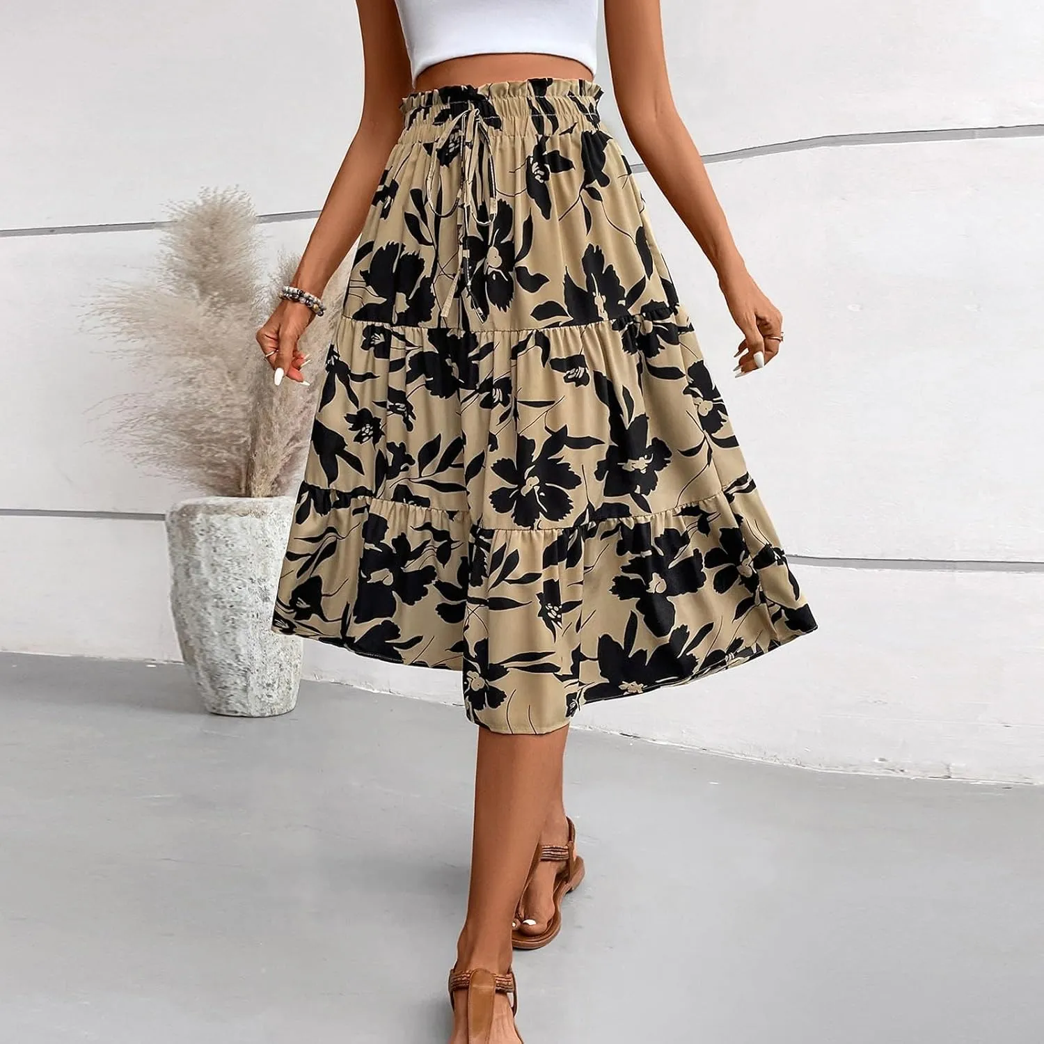 Boho Midi Skirts for Women A Line Pleated Tiered Floral Skirt Flowy Ruffle Hem Skater Skirt Summer Bohemian Clothes