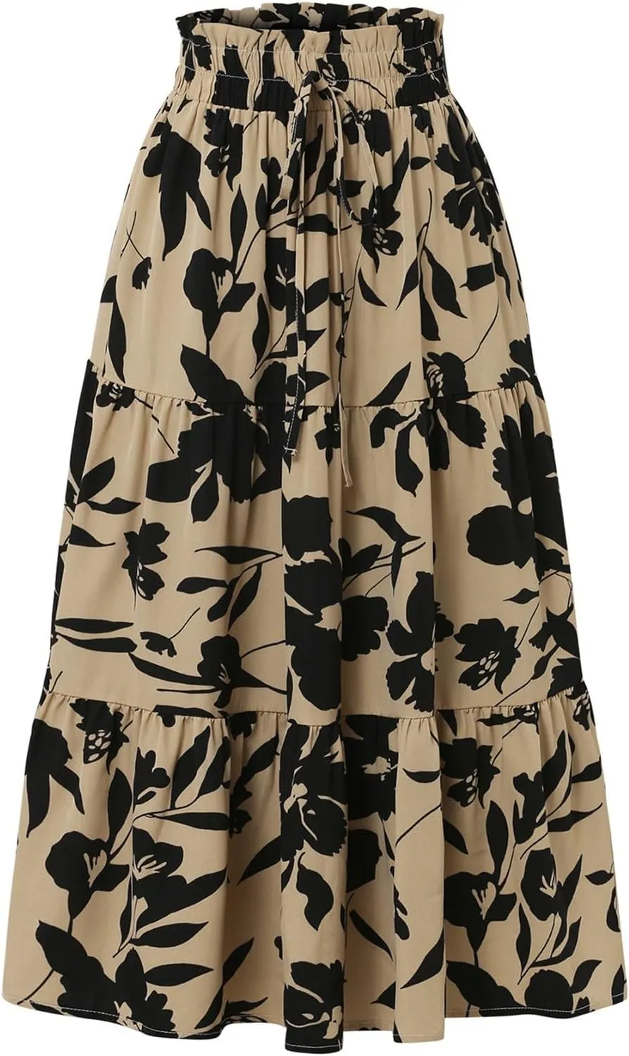 Boho Midi Skirts for Women A Line Pleated Tiered Floral Skirt Flowy Ruffle Hem Skater Skirt Summer Bohemian Clothes