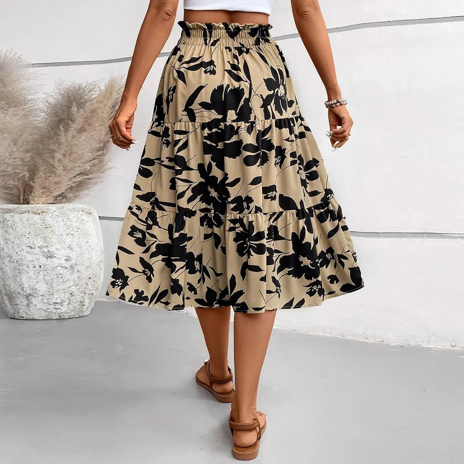 Boho Midi Skirts for Women A Line Pleated Tiered Floral Skirt Flowy Ruffle Hem Skater Skirt Summer Bohemian Clothes