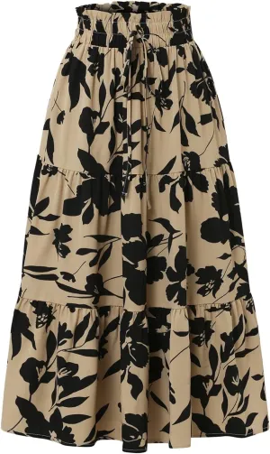 Boho Midi Skirts for Women A Line Pleated Tiered Floral Skirt Flowy Ruffle Hem Skater Skirt Summer Bohemian Clothes
