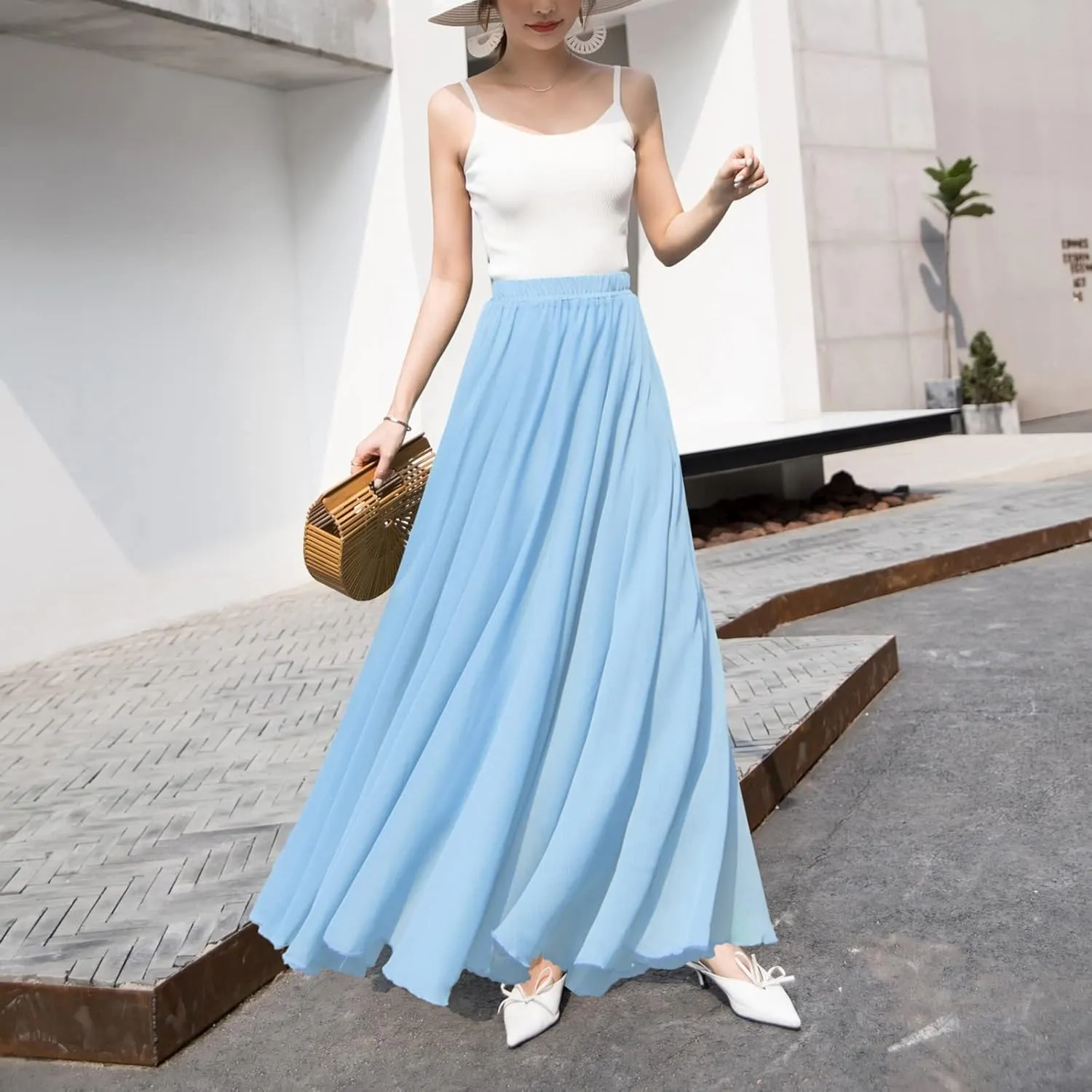 Boho Skirts for Women Summer Lightweight Sheer High Elastic Waist Pleated Loose Mesh Long Skirts for Going Out Outfits