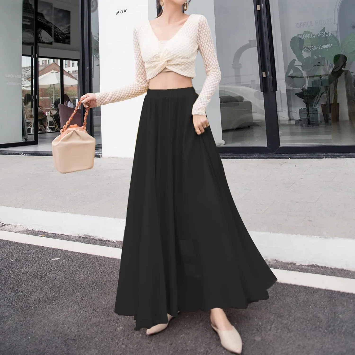 Boho Skirts for Women Summer Lightweight Sheer High Elastic Waist Pleated Loose Mesh Long Skirts for Going Out Outfits
